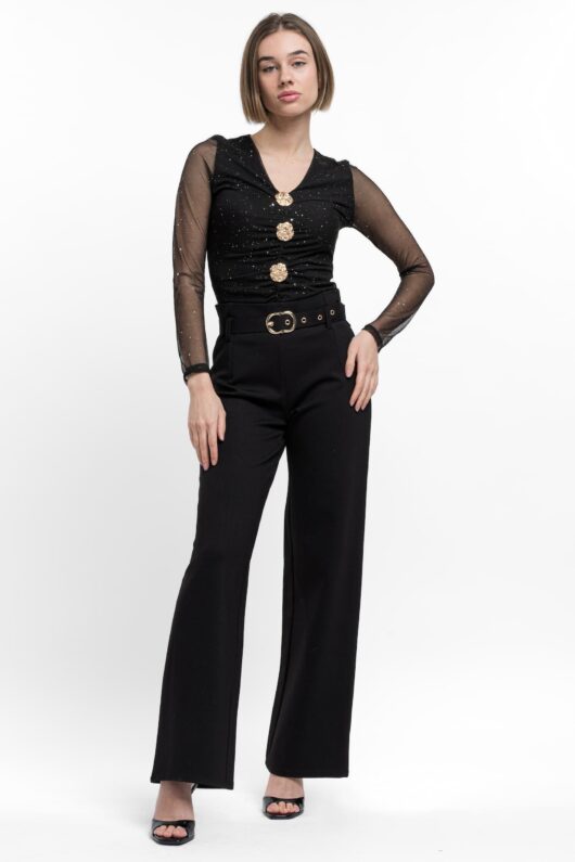 Μπλούζα με διαφάνεια στο μανίκι, χρυσά διακοσμητικά κουμπιά στο στήθος και στρας στην πλέξη